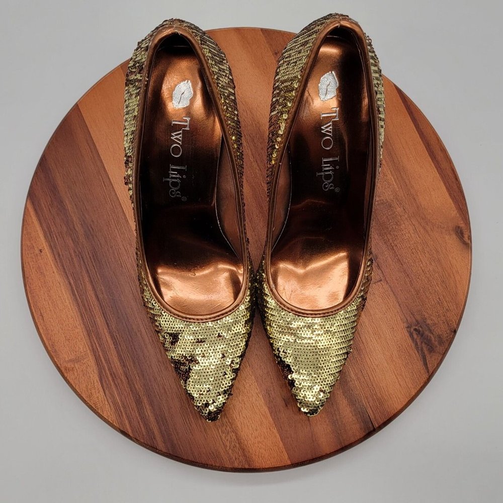 Two Lips Gold Brown Sequins Two Tone Pointed Toe Magical Pump High Heel